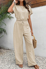 Load image into Gallery viewer, Beige Crinkled Elastic Hem Crop Tee and Wide Leg Pants Set - Fashion Queen - 4
