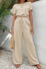 Load image into Gallery viewer, Beige Crinkled Elastic Hem Crop Tee and Wide Leg Pants Set - Fashion Queen - 5