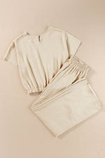 Load image into Gallery viewer, Beige Crinkled Elastic Hem Crop Tee and Wide Leg Pants Set - Fashion Queen - 6