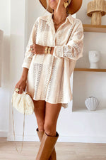 Load image into Gallery viewer, Beige Lace Crochet Collared Tunic Oversized Shirt - Fashion Queen - 1