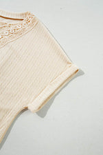 Load image into Gallery viewer, Beige Lace Crochet Patched Cable Textured Cuffed Short Sleeve Plus Size Top - Fashion Queen - 11