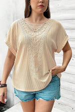 Load image into Gallery viewer, Beige Lace Crochet Patched Cable Textured Cuffed Short Sleeve Plus Size Top - Fashion Queen - 3