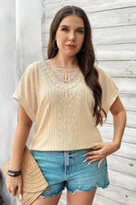 Load image into Gallery viewer, Beige Lace Crochet Patched Cable Textured Cuffed Short Sleeve Plus Size Top - Fashion Queen - 4