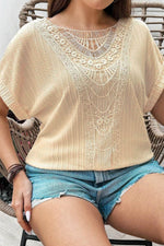 Load image into Gallery viewer, Beige Lace Crochet Patched Cable Textured Cuffed Short Sleeve Plus Size Top - Fashion Queen - 5