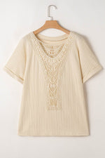 Load image into Gallery viewer, Beige Lace Crochet Patched Cable Textured Cuffed Short Sleeve Plus Size Top - Fashion Queen - 7
