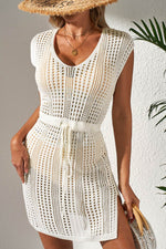 Load image into Gallery viewer, Beige Open Knit Drawstring Waist Beach Dress - Fashion Queen - 5