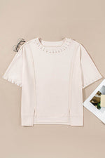 Load image into Gallery viewer, Beige Pearl Decor Crew Neck Half Sleeve Plus Size T Shirt - Fashion Queen - 12