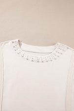 Load image into Gallery viewer, Beige Pearl Decor Crew Neck Half Sleeve Plus Size T Shirt - Fashion Queen - 17