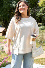 Load image into Gallery viewer, Beige Pearl Decor Crew Neck Half Sleeve Plus Size T Shirt - Fashion Queen - 4