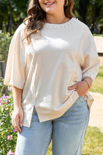 Load image into Gallery viewer, Beige Pearl Decor Crew Neck Half Sleeve Plus Size T Shirt - Fashion Queen - 7