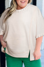 Load image into Gallery viewer, Beige Pearl Decor Crew Neck Half Sleeve Plus Size T Shirt - Fashion Queen - 8