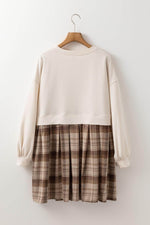Load image into Gallery viewer, Beige Plaid Patchwork High Waist Sweatshirt Mini Dress - Fashion Queen - 11