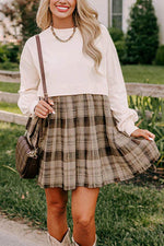 Load image into Gallery viewer, Beige Plaid Patchwork High Waist Sweatshirt Mini Dress - Fashion Queen - 8