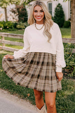 Load image into Gallery viewer, Beige Plaid Patchwork High Waist Sweatshirt Mini Dress - Fashion Queen - 9