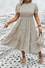 Load image into Gallery viewer, Beige Plus Size Leopard Print Frill Trim Short Sleeve Flared Dress - Fashion Queen - 3