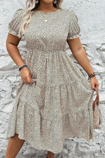 Load image into Gallery viewer, Beige Plus Size Leopard Print Frill Trim Short Sleeve Flared Dress - Fashion Queen - 4