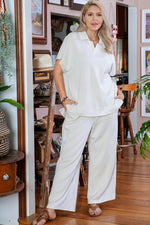 Load image into Gallery viewer, Beige Plus Size Textured Collared Top and Pants Set - Fashion Queen - 4