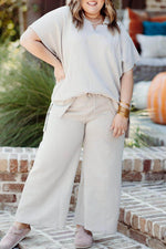 Load image into Gallery viewer, Beige Plus Size Textured Collared Top and Pants Set - Fashion Queen - 9