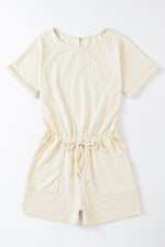 Load image into Gallery viewer, Beige Ribbed Elastic Waist Romper - Fashion Queen - 5