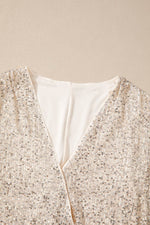 Load image into Gallery viewer, Beige Sequin Long Sleeve Wrap V Neck Bodysuit - Fashion Queen - 11