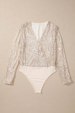 Load image into Gallery viewer, Beige Sequin Long Sleeve Wrap V Neck Bodysuit - Fashion Queen - 5