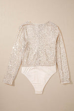 Load image into Gallery viewer, Beige Sequin Long Sleeve Wrap V Neck Bodysuit - Fashion Queen - 6