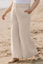 Load image into Gallery viewer, Beige Smocked High Waist Wide Leg Plus Size Pants - Fashion Queen - 4