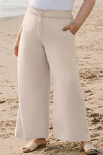 Load image into Gallery viewer, Beige Smocked High Waist Wide Leg Plus Size Pants - Fashion Queen - 5
