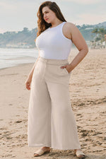 Load image into Gallery viewer, Beige Smocked High Waist Wide Leg Plus Size Pants - Fashion Queen - 6