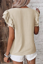 Load image into Gallery viewer, Beige Solid Color Ruffled Short Sleeve Casual Blouse - Fashion Queen - 2