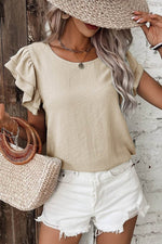 Load image into Gallery viewer, Beige Solid Color Ruffled Short Sleeve Casual Blouse - Fashion Queen - 6