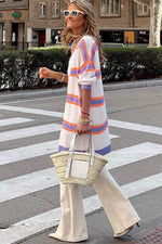 Load image into Gallery viewer, Beige Striped Long Sleeve Ribbed Trim Button Cardigan - Fashion Queen - 3