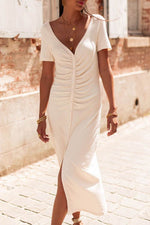 Load image into Gallery viewer, Beige V Neck Ruched Button Front French T-shirt Dress - Fashion Queen - 1