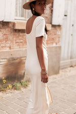 Load image into Gallery viewer, Beige V Neck Ruched Button Front French T-shirt Dress - Fashion Queen - 2