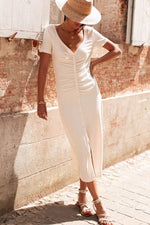 Load image into Gallery viewer, Beige V Neck Ruched Button Front French T-shirt Dress - Fashion Queen - 3