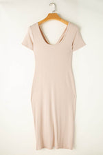 Load image into Gallery viewer, Beige V Neck Ruched Button Front French T-shirt Dress - Fashion Queen - 7