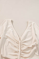 Load image into Gallery viewer, Beige V Neck Ruched Button Front French T-shirt Dress - Fashion Queen - 8
