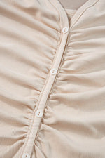 Load image into Gallery viewer, Beige V Neck Ruched Button Front French T-shirt Dress - Fashion Queen - 9