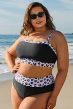 Load image into Gallery viewer, Black 2pcs Leopard Patchwork Plus Size High Waisted Swimsuit - Fashion Queen - 5