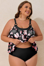 Load image into Gallery viewer, Black 2pcs Plus Size Wide Strap Floral Top Tankini Set - Fashion Queen - 3