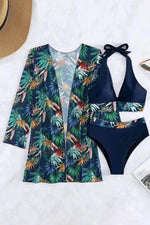 Load image into Gallery viewer, Black 3pcs Tropical Contrast Trim Halter Bikini Set with Cover up - Fashion Queen - 10