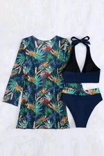 Load image into Gallery viewer, Black 3pcs Tropical Contrast Trim Halter Bikini Set with Cover up - Fashion Queen - 2