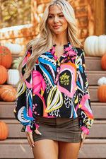 Load image into Gallery viewer, Black Abstract Print Ruffled Sleeve Buttoned V Neck Blouse - Fashion Queen - 10