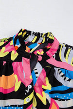 Load image into Gallery viewer, Black Abstract Print Ruffled Sleeve Buttoned V Neck Blouse - Fashion Queen - 15