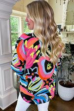 Load image into Gallery viewer, Black Abstract Print Ruffled Sleeve Buttoned V Neck Blouse - Fashion Queen - 2