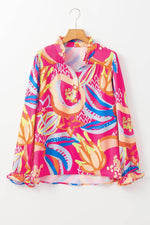 Load image into Gallery viewer, Black Abstract Print Ruffled Sleeve Buttoned V Neck Blouse - Fashion Queen - 22