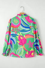 Load image into Gallery viewer, Black Abstract Print Ruffled Sleeve Buttoned V Neck Blouse - Fashion Queen - 29