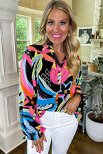 Load image into Gallery viewer, Black Abstract Print Ruffled Sleeve Buttoned V Neck Blouse - Fashion Queen - 3