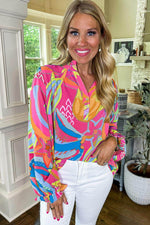 Load image into Gallery viewer, Black Abstract Print Ruffled Sleeve Buttoned V Neck Blouse - Fashion Queen - 6