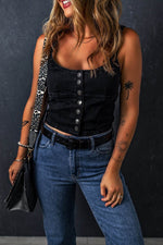 Load image into Gallery viewer, Black Acid Wash Buttoned Cropped Slim Denim Tank Top - Fashion Queen - 3